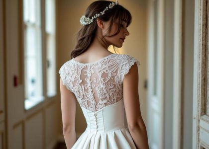 A-line wedding dress with intricate lace bodice, flowing satin skirt, delicate cap sleeves, scoop neckline, illusion lace back panel, and satin-covered buttons for an elegant and romantic bridal look.