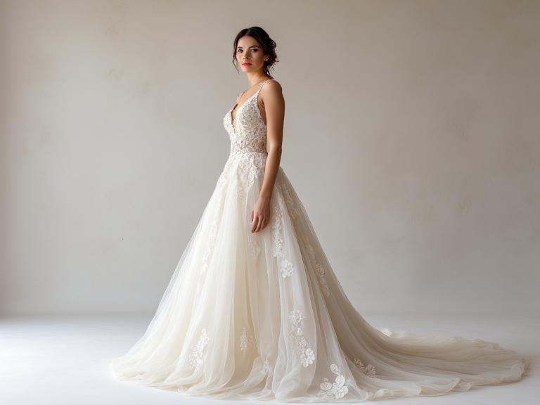 A-line wedding dress featuring satin and lace with a refined V-neckline, cascading skirt, intricate floral lace appliqués, and a delicate lace back with button details for timeless charm.