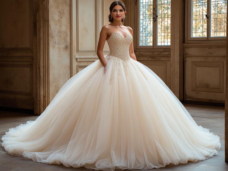 Alt Text: "Enchanting Princess Glitter gown with voluminous tulle skirt, fitted satin bodice adorned with intricate sequin detailing, sweetheart neckline, delicate straps, and shimmering waistline, perfect for a fairy-tale wedding."