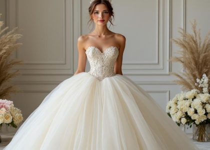 "Enchanting Princess Glitter gown featuring a voluminous tulle skirt, fitted satin bodice with intricate sequin detailing, sweetheart neckline, delicate straps, and a shimmering waistline, perfect for a fairy-tale wedding."