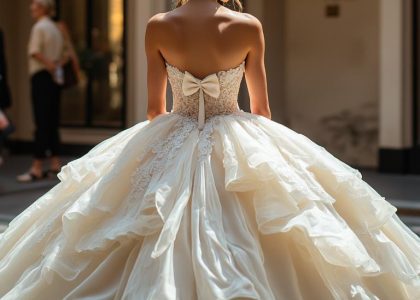 Stunning Princess Ballgown with luxurious satin layers, sweetheart neckline with lace detailing, voluminous skirt, and exquisite bow at the back, perfect for a fairytale wedding.