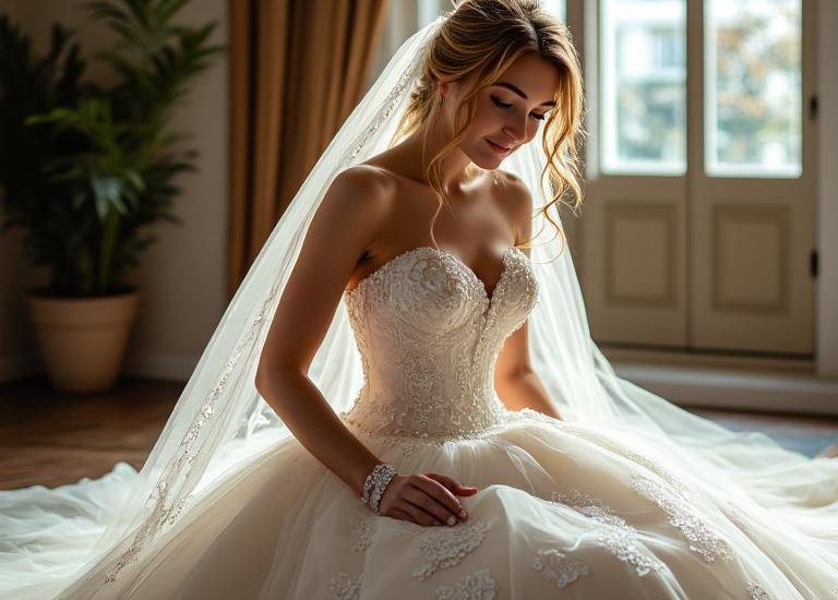 Stunning Princess Ballgown with satin bodice and embroidered floral designs, voluminous soft tulle skirt, sweetheart neckline, and shimmering bead accents, embodying timeless beauty and romance for brides.