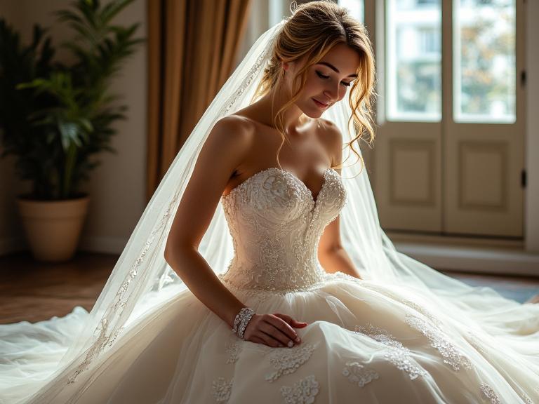 Stunning Princess Ballgown with satin bodice and embroidered floral designs, voluminous soft tulle skirt, sweetheart neckline, and shimmering bead accents, embodying timeless beauty and romance for brides.