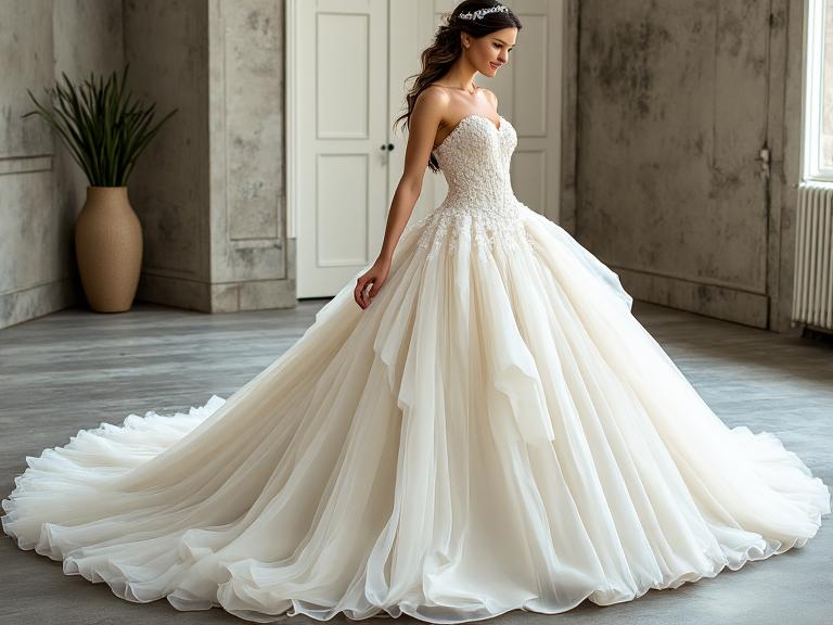 Majestic Princess Tail wedding dress with soft tulle and satin layers, voluminous skirt, delicate lace appliqués on the bodice, off-the-shoulder neckline, and timeless elegance, perfect for an enchanting bridal look.