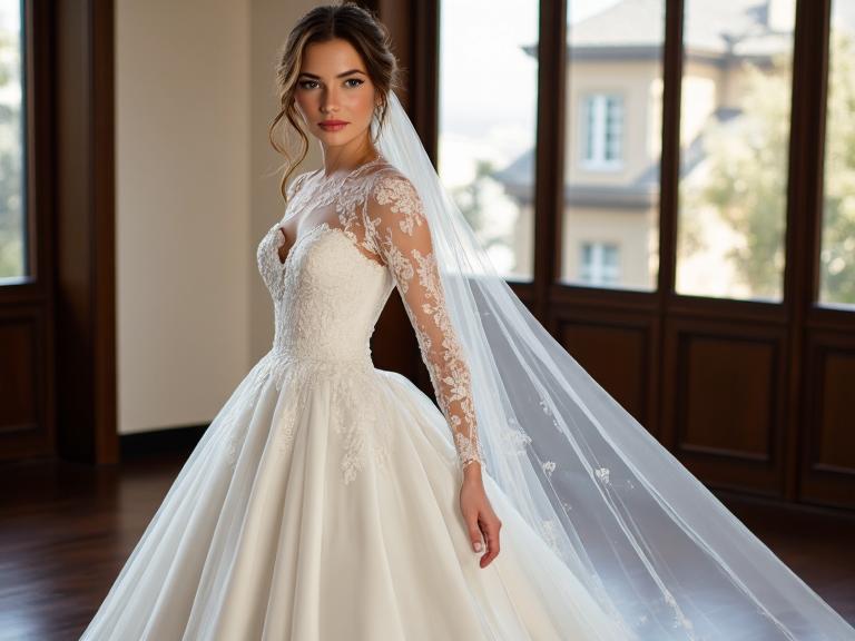 A-line wedding dress with long lace sleeves, satin skirt, high neckline, and intricate lace overlay on the bodice, perfect for a romantic celebration.