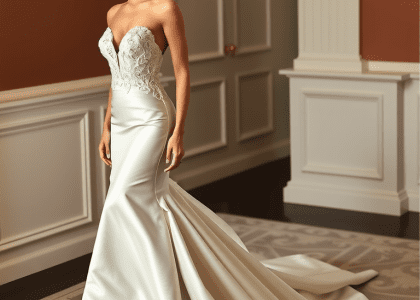 Stunning mermaid wedding dress with luxurious satin, deep sweetheart neckline, intricate lace detailing on bodice, and detachable chiffon train, embodying timeless beauty and sophistication.