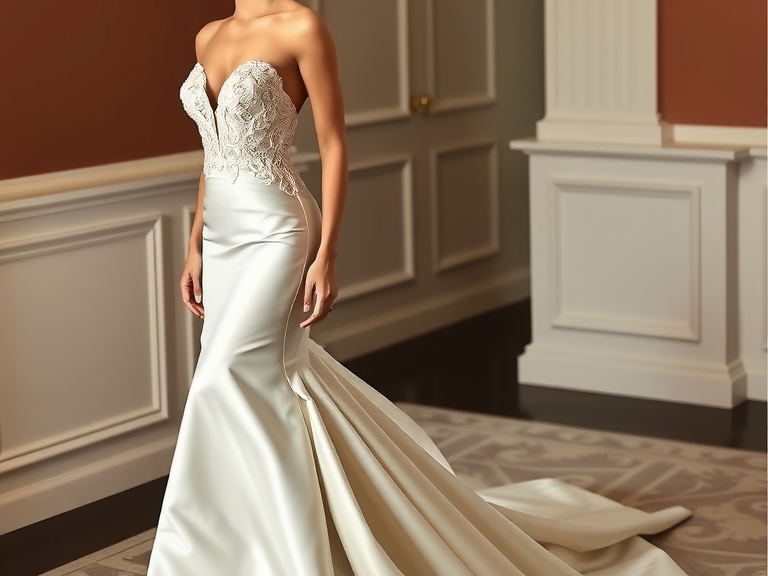 Stunning mermaid wedding dress with luxurious satin, deep sweetheart neckline, intricate lace detailing on bodice, and detachable chiffon train, embodying timeless beauty and sophistication.