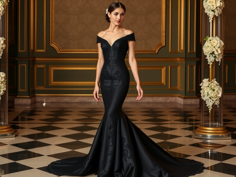 Striking mermaid wedding dress in luxurious black satin with intricate lace appliqués, off-the-shoulder neckline, and dramatic flared skirt, showcasing sophistication and bold elegance.