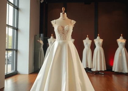 A stunning white wedding dress on display in a beautifully styled room, featuring elegant mannequins in the background, showcasing women's style tips, dramatic wedding themes, and fairy tale-inspired ball gowns.