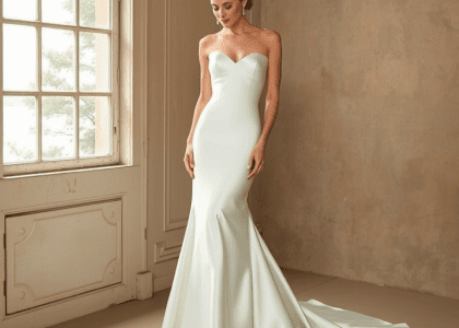 "Graceful mermaid wedding dress in satin that hugs the body and flares at the knees, showcasing a stunning silhouette with subtle draping for added dimension and fluidity, perfect for a sophisticated bridal look."