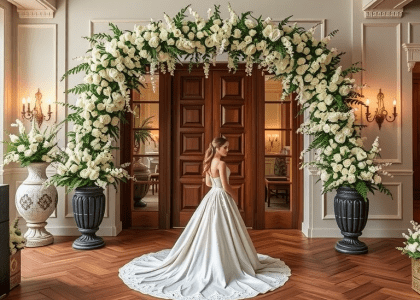 "Romantic ballgown wedding dress by Karoza Bridal Inc featuring beautiful designs like Cinderella-inspired big princess gowns, fitted styles, and backless options, including convertible skirts and glitter accents."