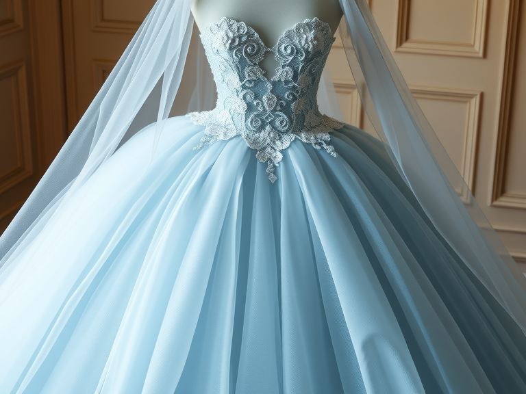 Stunning Princess Blue wedding dress with a voluminous tulle skirt, strapless lace appliqué bodice, and hidden pockets, perfect for a fairytale wedding.