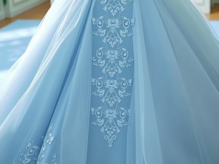 Stunning Princess Blue wedding dress with a voluminous tulle skirt, strapless bodice adorned with intricate lace appliqués, and hidden pockets for practicality, showcasing a dreamy silhouette perfect for a fairytale wedding.