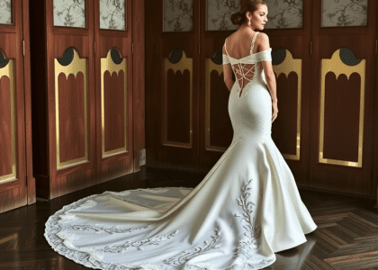 Stunning mermaid wedding dress made from luxurious satin with lace appliqués, hugging the bride’s silhouette and flaring out at the knees, featuring a sweetheart neckline and off-the-shoulder straps, perfect for a romantic bridal look.