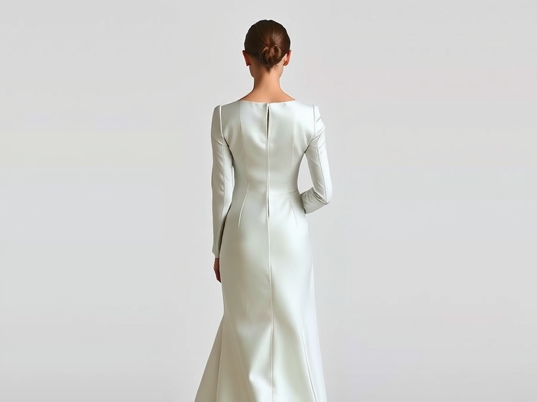 Elegant minimalist long sleeve wedding dress in smooth satin, featuring a fitted silhouette with gentle flare at the hem, bateau neckline, fitted sleeves, and delicate button detail down the back.