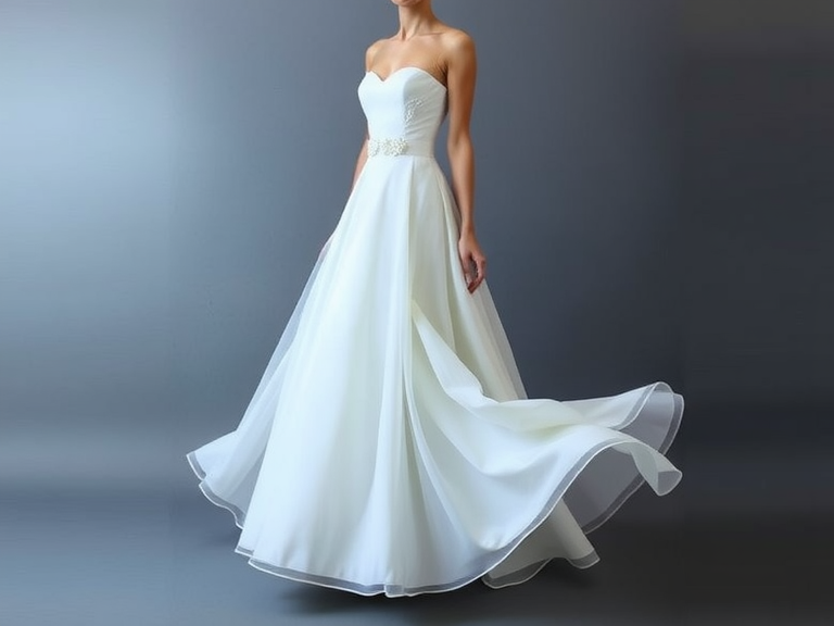 Elegant A-line strapless wedding dress with luxurious satin bodice, flowy chiffon skirt, sweetheart neckline, and delicate lace appliqués at the waist, perfect for a romantic wedding setting.