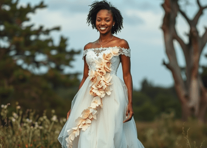 A radiant Black bride wearing a whimsical boho floral wedding dress with layers of soft lace and chiffon, featuring oversized floral appliqués and an off-the-shoulder neckline, set against a nature backdrop.