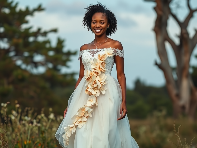 A radiant Black bride wearing a whimsical boho floral wedding dress with layers of soft lace and chiffon, featuring oversized floral appliqués and an off-the-shoulder neckline, set against a nature backdrop.