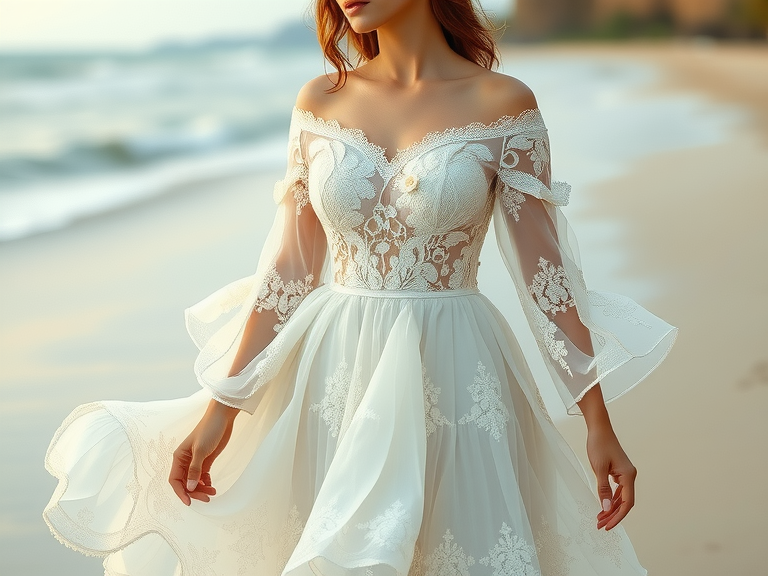 "Serene boho beach wedding dress with flowing lace layers, off-the-shoulder neckline, and whimsical tiered skirt, featuring crochet details and floral appliqués in a natural seaside setting."