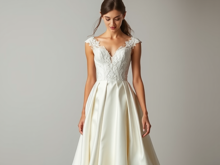 A-line wedding dress in satin with delicate cap sleeves, intricate lace appliqué on the bodice, sweetheart neckline, and flowing skirt that grazes the floor, capturing light beautifully.