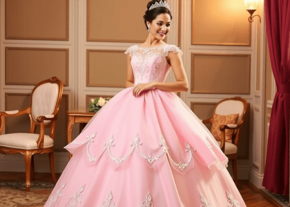 Cinderella gown featuring a stunning pink ballgown design, perfect for weddings and special occasions, showcasing beautiful layers and intricate details, ideal for princess-themed events and quinceañeras.