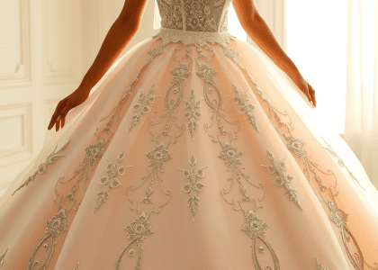 Stunning princess-style wedding dress with shimmering glitter, luxurious satin fitted bodice, voluminous tulle skirt, and delicate lace appliqués, perfect for a fairy-tale celebration.