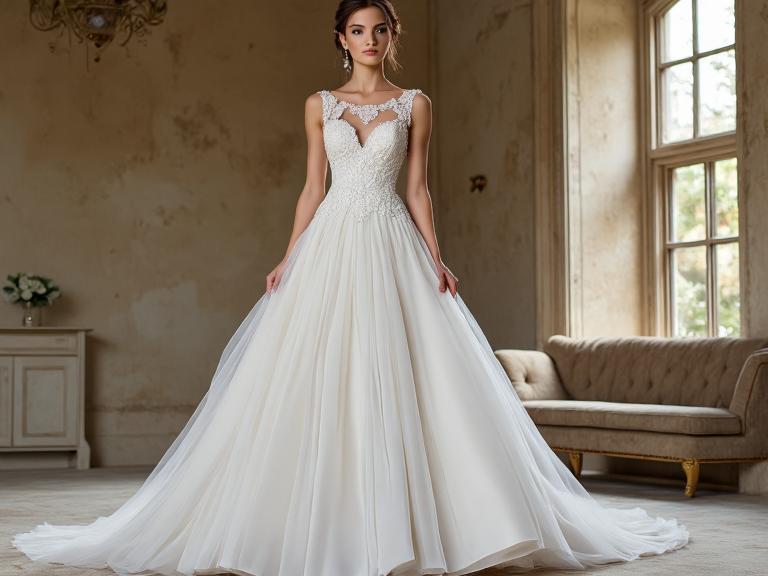 A-line wedding dress with boat neckline, luxurious satin fabric, intricate lace appliqués, flowing skirt, and delicate waist details, perfect for a romantic celebration.