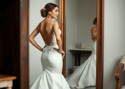 A woman in a white wedding dress stands confidently in front of a mirror with her hands on her hips, reflecting bridal elegance and style.