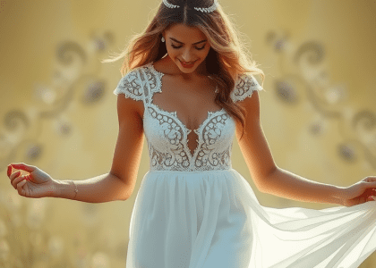 White bride in a stunning boho two-piece dress with a lace crop top and chiffon skirt, perfect for an outdoor wedding ceremony.