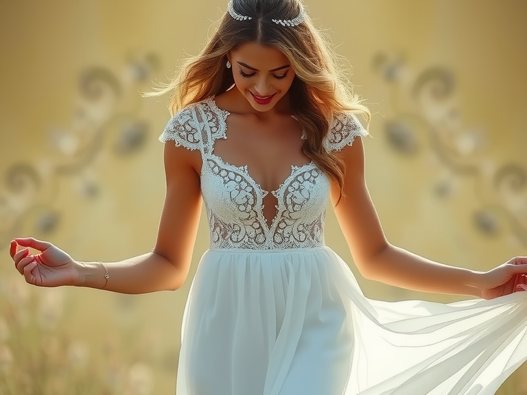 White bride in a stunning boho two-piece dress with a lace crop top and chiffon skirt, perfect for an outdoor wedding ceremony.