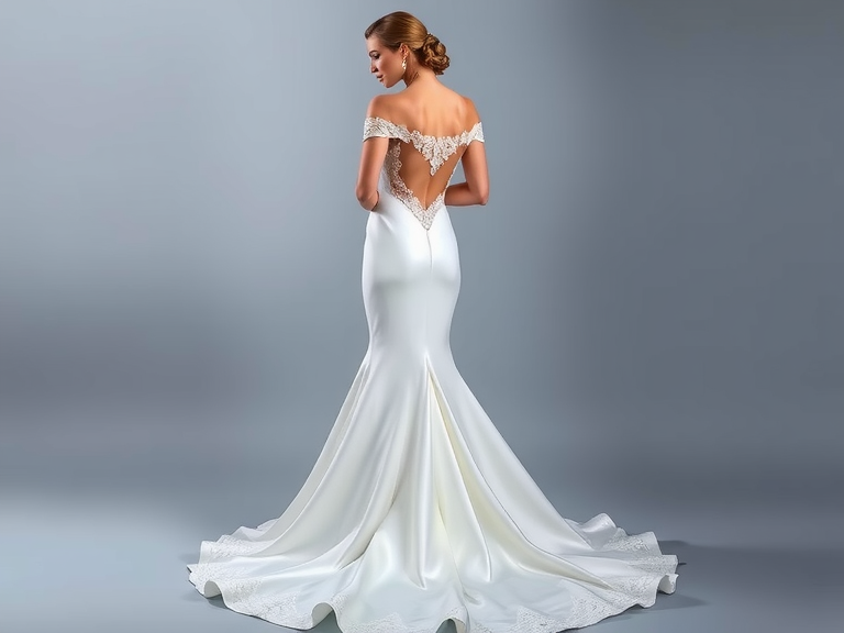 Stunning mermaid wedding dress in sumptuous satin fabric with dramatic train, open back design adorned with intricate lace appliqués, perfect for a timeless bridal look.