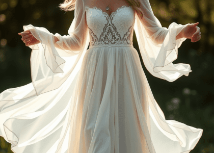 Stunning boho flowy wedding dress with ethereal chiffon layers, delicate lace detailing on the bodice, flowing sleeves, and shimmering fabric, perfect for a whimsical outdoor celebration.