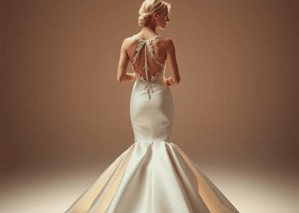 Stunning mermaid open back wedding dress in luxurious satin with lace detailing, flared skirt grazing the floor, elegantly highlighting the bride's posture and reflecting light for a timeless, sophisticated look.