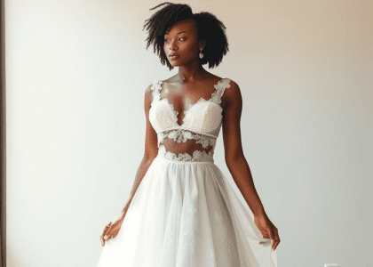 Chic two-piece boho wedding dress on stunning Black bride featuring layered lace crop top and flowing chiffon high-waisted skirt with floral embroidery, perfect for outdoor celebration.