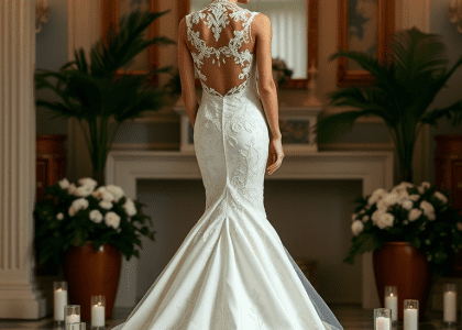 Stunning mermaid wedding dress with lace overlay, open back, and intricate beadwork, perfect for a romantic celebration.