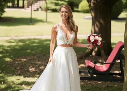Boho two piece wedding dress featuring a lace crop top and flowy skirt, perfect for a romantic and free-spirited bridal look.