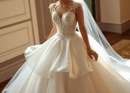 stunning princess-style wedding dress with luxurious satin and tulle layers, fitted lace appliqué bodice, voluminous skirt, and delicate beadwork, ideal for a romantic celebration
