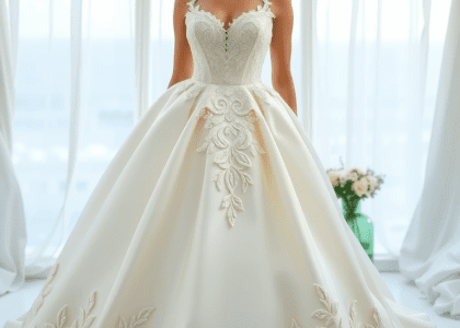 "Stunning princess-style wedding dress in luxurious satin with intricate lace appliqués, sweetheart neckline, and voluminous layers, perfect for a romantic and elegant bridal look."