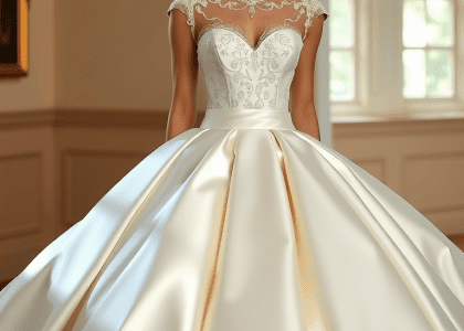 Stunning princess-style wedding dress with luxurious satin layers, fitted bodice with intricate lace detailing, and voluminous skirt, featuring delicate embroidery along the neckline and waist for a romantic and sophisticated look.