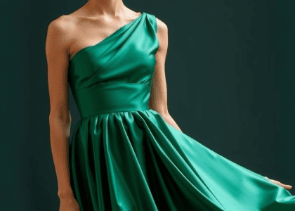 One-shoulder emerald satin bridesmaid dress with asymmetrical neckline and flowing floor-length skirt, showcasing elegance and sophistication for a memorable celebration.
