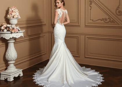 Mermaid wedding dress with fitted satin bodice, delicate lace appliqués, and a detachable tulle skirt featuring an elegant train, exuding timeless beauty for a sophisticated celebration.