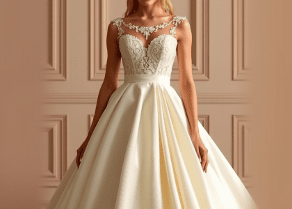 Princess-style wedding dress in luxurious satin with sweetheart neckline and lace appliqués, featuring a voluminous skirt, perfect for a fairytale bride.
