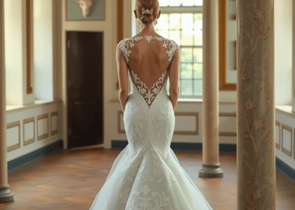 Mermaid wedding dress with luxurious lace hugging the bride's curves, flaring at the knee, featuring an open back with intricate embroidery, reflecting soft light for a timeless beauty.