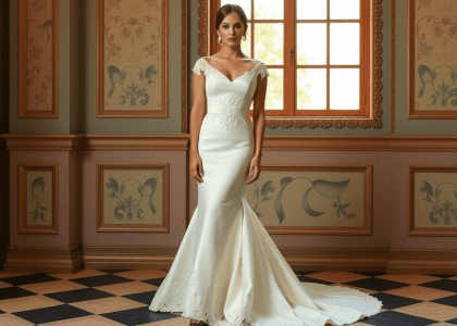 Captivating mermaid wedding dress with detachable skirt, crafted from luxurious satin with intricate lace detailing, perfect for modern brides, showcasing a fitted silhouette ideal for ceremonies and the dance floor.
