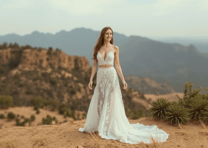 Boho two piece wedding dress featuring a lace crop top and flowing chiffon skirt, perfect for a romantic outdoor ceremony.