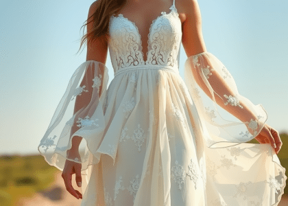 Boho flowy wedding dress with lace layers, plunging neckline, and billowing sleeves, adorned with floral appliqués, perfect for an outdoor ceremony.