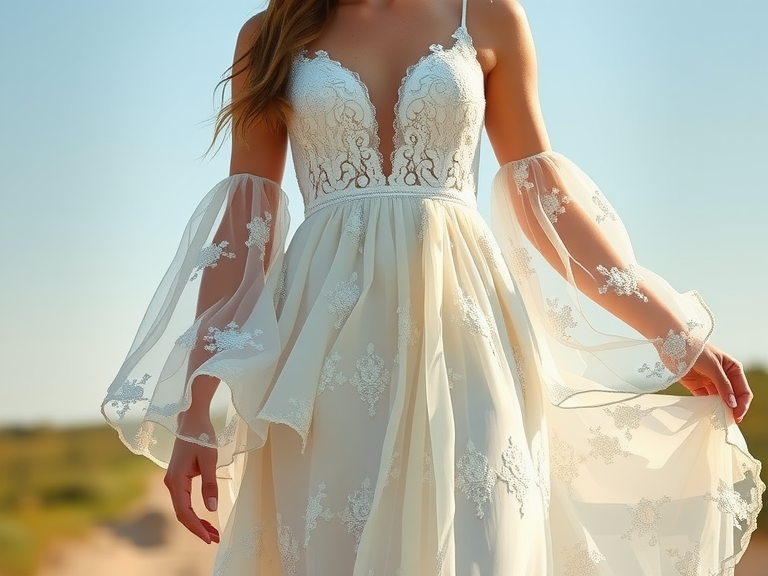 Boho flowy wedding dress with lace layers, plunging neckline, and billowing sleeves, adorned with floral appliqués, perfect for an outdoor ceremony.