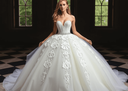 Stunning princess-style wedding dress with ballgown silhouette, fitted satin bodice featuring intricate lace appliqués, voluminous tulle skirt flowing to the floor, and beaded waistline for a romantic and elegant bridal look.