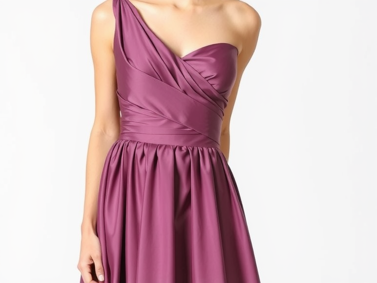One-shoulder bridesmaid dress in soft satin and flowing chiffon with elegant side slit, showcasing timeless beauty and sophistication for bridal celebrations.