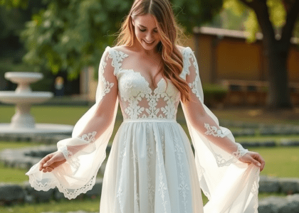 Stunning boho flowy wedding dress in soft ivory lace with A-line shape, intricate floral patterns on the bodice, sheer sleeves, and lightweight fabric, perfect for an outdoor celebration.